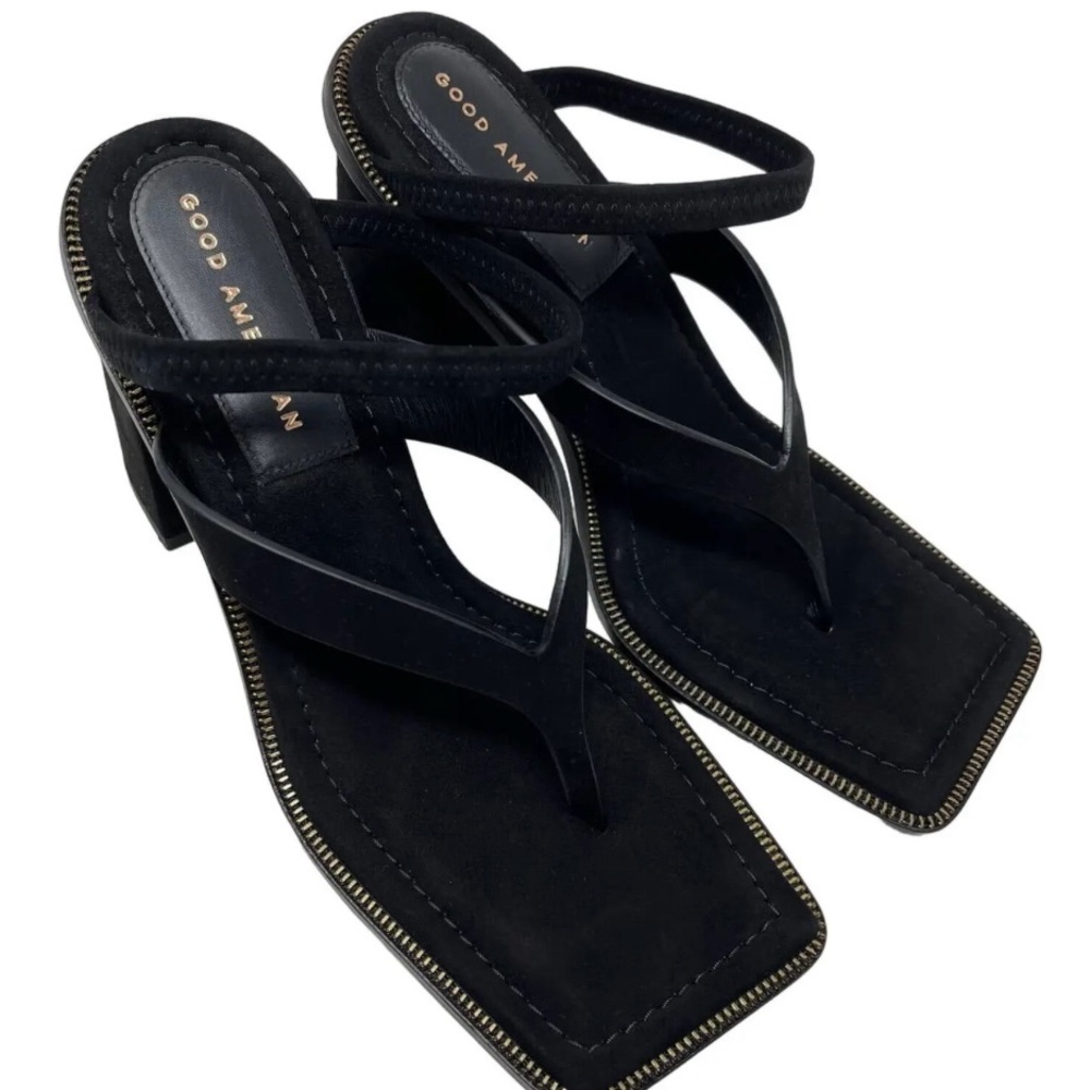 Good American Women’s Square Toe Thong Block Heels Suede Black Size 9 GA106S-X